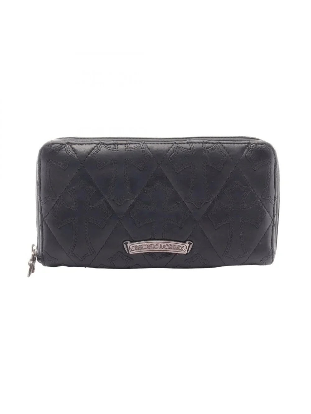 Chrome Hearts Round Wallet Cemetery Cross Patch Quilted Leather